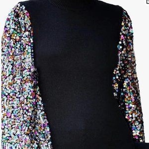 Women's Confetti Sequin Balloon Long Sleeve Mock Neck Pullover Sweatshirt